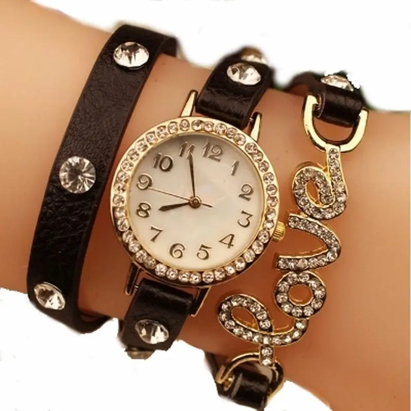 Reloj de pulsera con correa de cuero para mujer, pulsera con piedras cristal, diamantes de imitación dorados, Vintage, a la moda|watch light|watch openerwatch tube - AliExpress