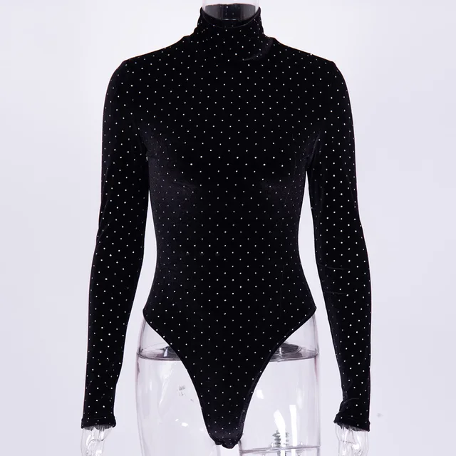 Hot Crystal Diamond Sparkly Velvet Bodysuit Women 2019 Spring Autumn