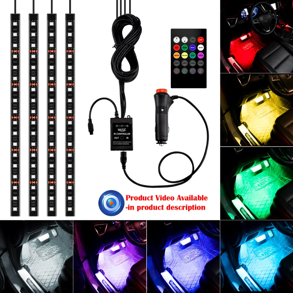 4XRGB 18LED Strip Light Sound Music Control Car Light Strip lights 8 Colors Car styling Atmosphere