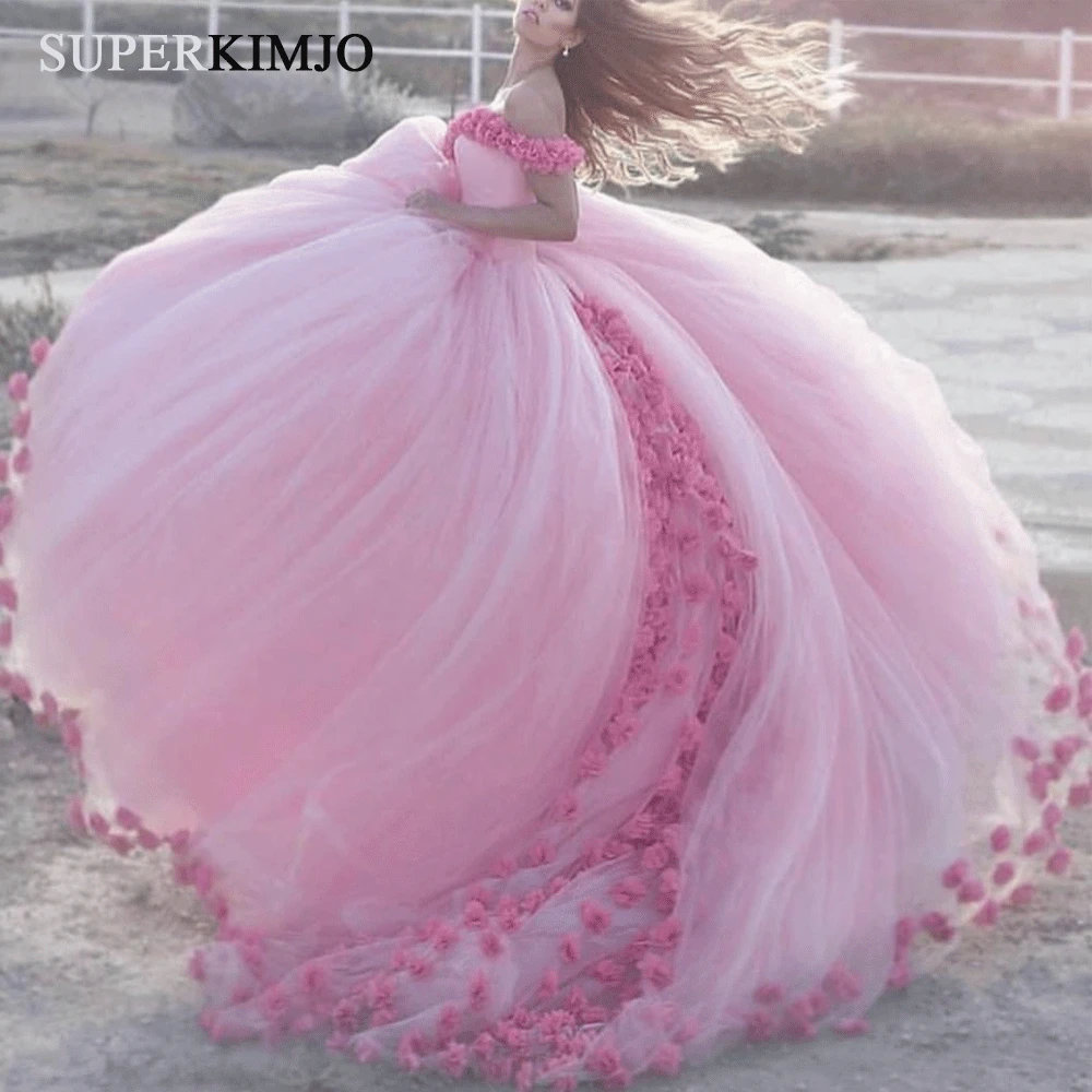 

SuperKimJo Ball Gown Wedding Dresses Pink Handmade Flowers Elegant Boho Luxury Princess Wedding Gown Vestido De Noiva