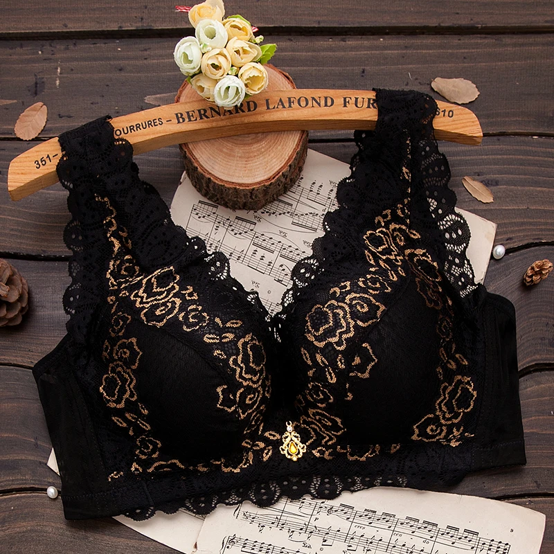  Women's large size Bra solid color lace embroidered wide shoulder strap bra push chest bra large si