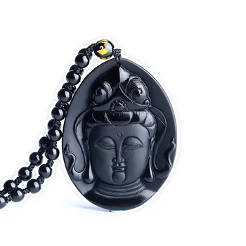 

black stone Guanyin Bodhisattva Pendant Benming years Men mascot amulet necklace