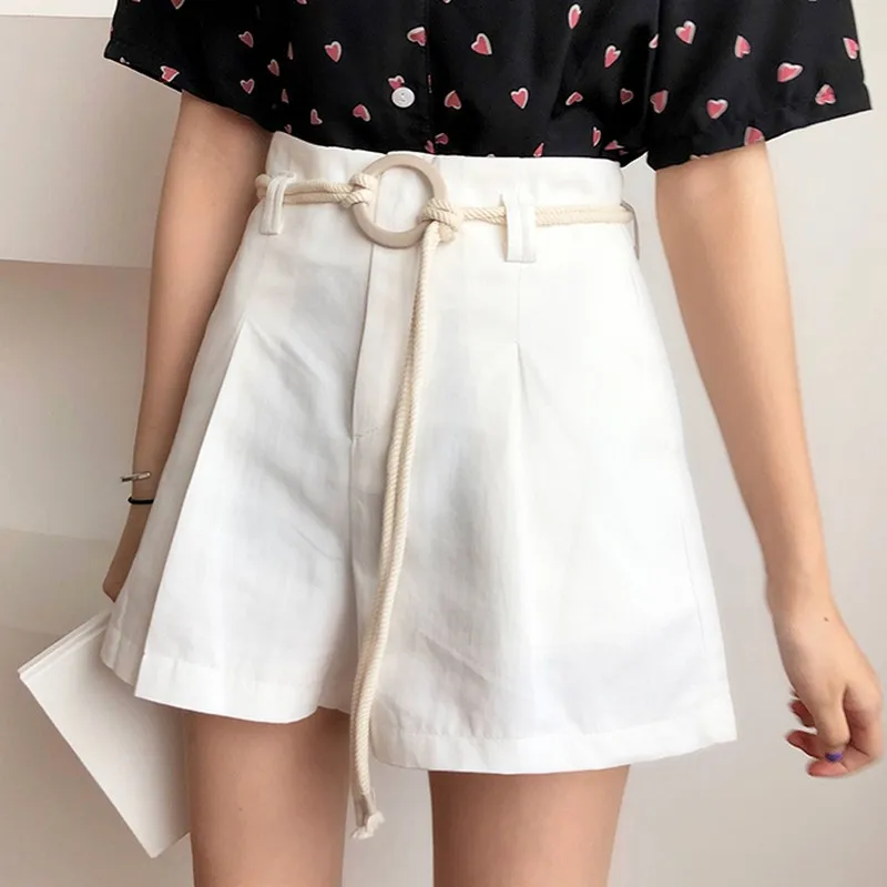 

Korean Style Plus Size Loose Solid Color Women Shorts with Belt Fashion Summer Beach Style High Waist Female Student Short Pants