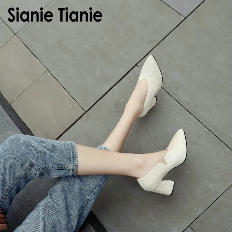 

Sianie Tianie faux suede flock sexy pointed toe block high heels V cut design fashion women pumps office wedding shoes for woman