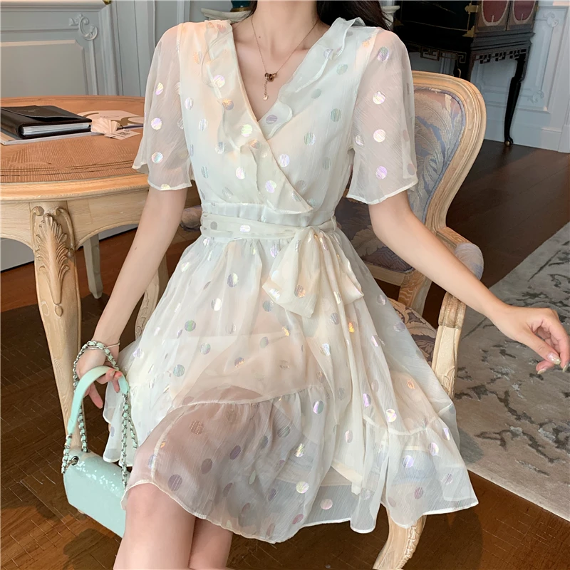 Women's Clothing Dresses summer style fashion brand prairie chic a-line dot ruffles v-neck party dress vestidosde fiesta 2019