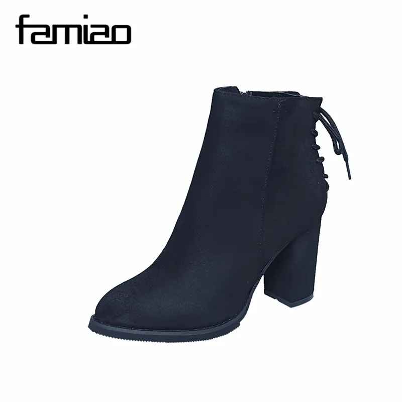 

FAMIAO Sexy Winter Ankle Boots Heels Women Boots 2017 High Heels Ankle Boots Short Plush Pointed Toe Motorcycle Boots Lace up