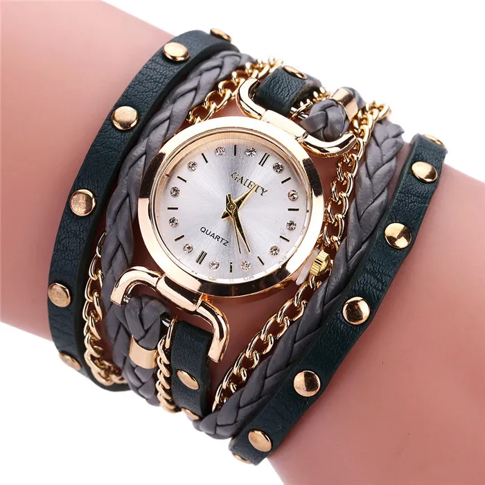 Наручные браслеты, Женские многослойные маленькие крученые кожаные кварцевые наручные часы с заклепками для женщин, ювелирный подарок, Прямая поставка - Окраска металла: as picture