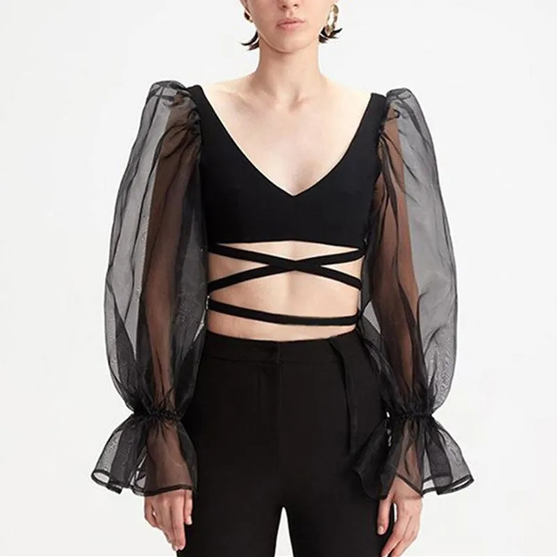 

Women Puff Sleeve Patchwork Crop Top Streetwear Backless T Shirt Sexy V Neck Bandage T-Shirts