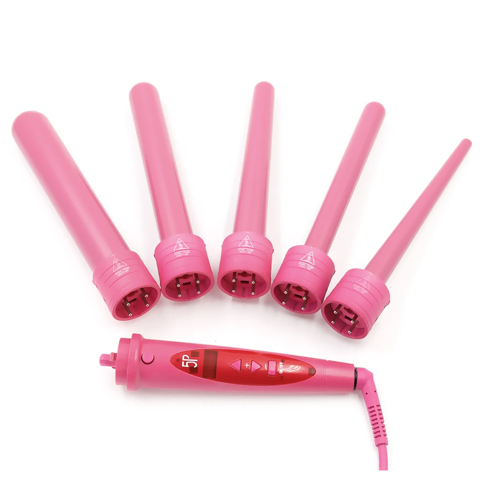 Professional Pink LCD 5 in 1 interchangeable curling wand/Curling wand
