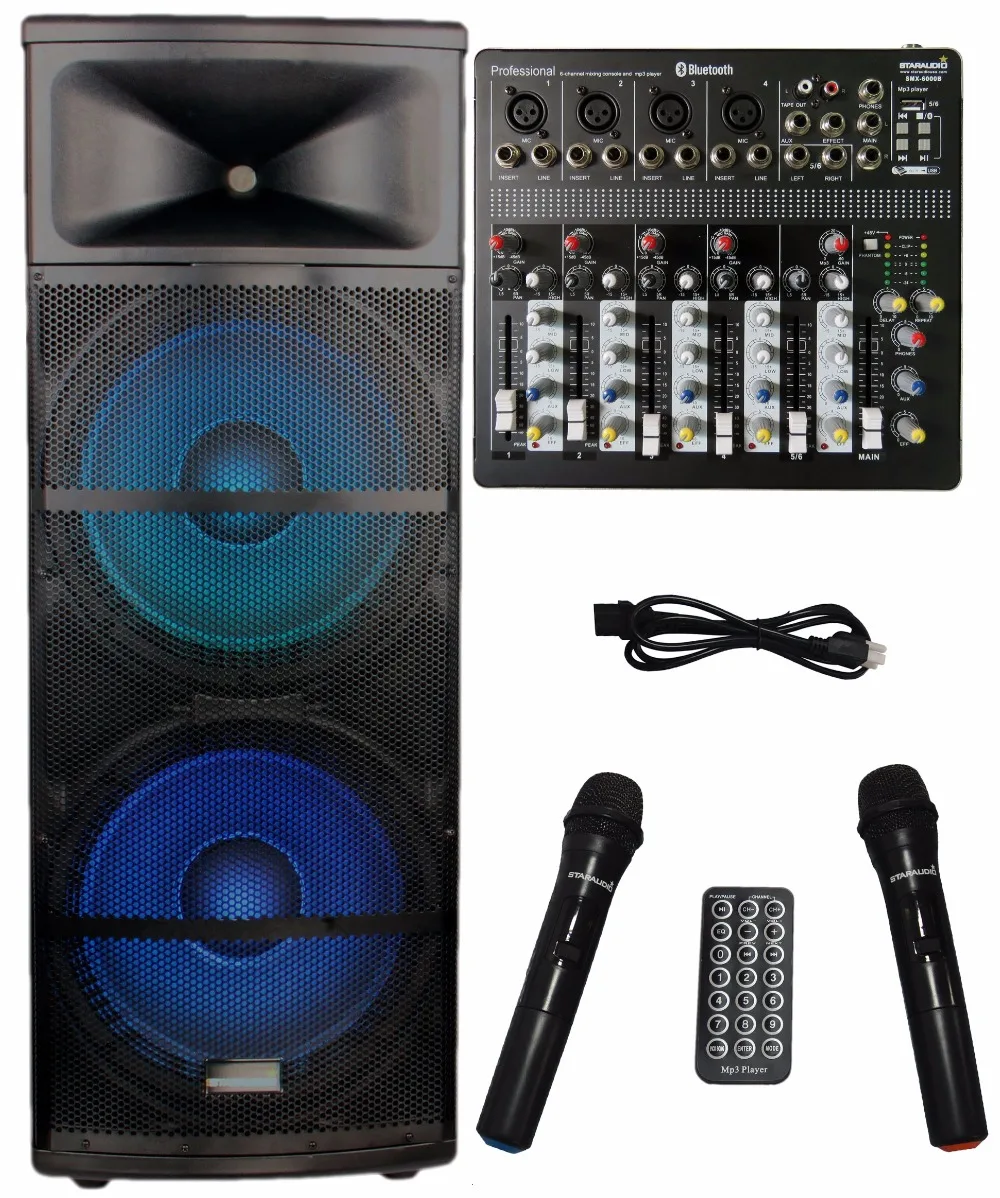 

STARAUDIO SDMN-15RGB Dual 15" 5000W Powered Active PA DJ Stage RGB Light USB SD FM BT Speaker W/ 6CH USB Bluetooth Mixer 2 Mic