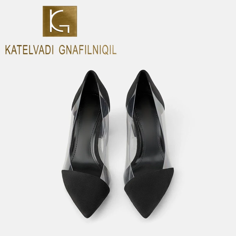 

KATELVADI Elegant Fashion Pumps 7CM High Heels Clear PVC Shoes Wedding Party Shallow Women Shoes K-451