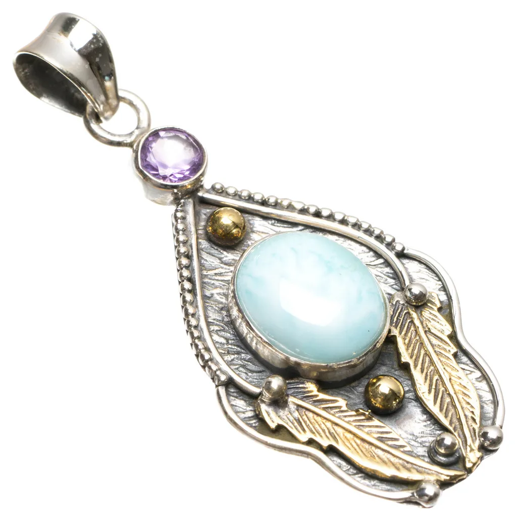 StarGems (tm) натуральный два тона Caribbean Larimar и Аметист Boho Стиль 925 Серебро кулон 2 &quotS0221 |