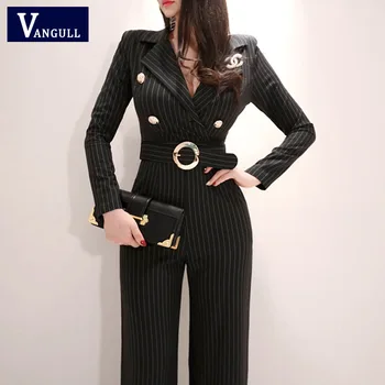 

Vangull Office Lady Casual Suit Jumpsuit Women Long Sleeve Sashes Striped Jumpsuit Women Business Ankle-length Pant Jumpsuits