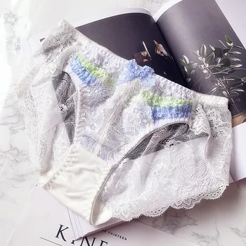 

Full lace transparent white panties women Japanese seamless underwear sense powder low waist briefs sweet comfort string bragas