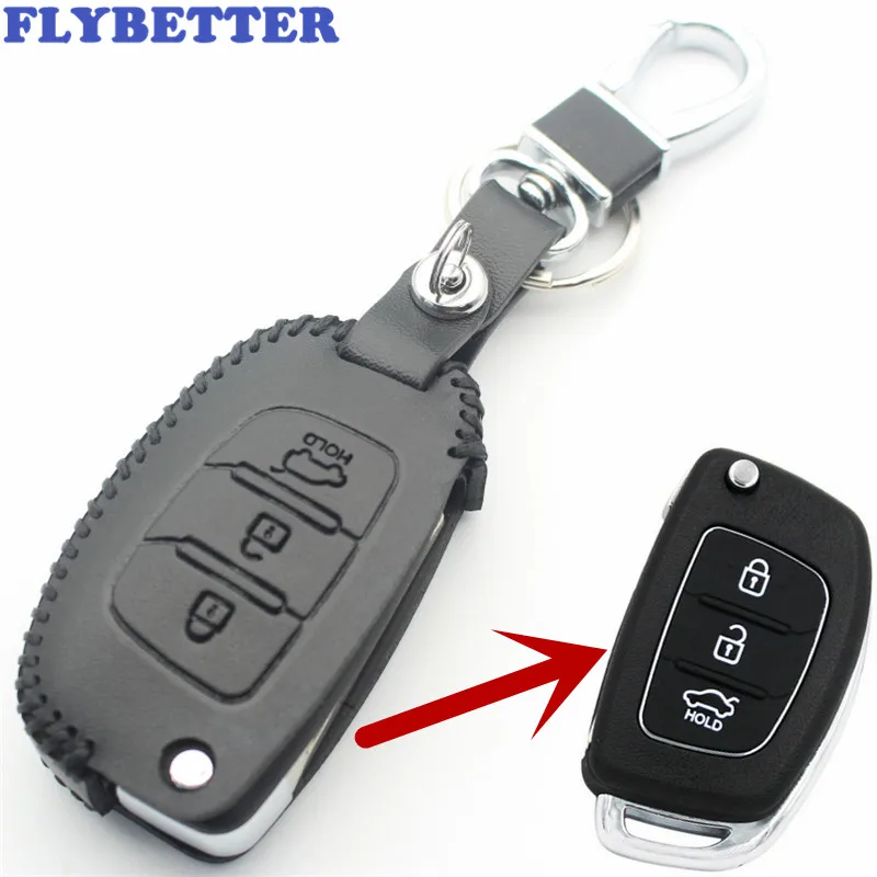 

FLYBETTER Genuine Leather 3Button Flip Key Case Cover For Hyundai I20/I30/IX25/IX35/Tucson/Verna/Solaris/Elantra/Accent L14
