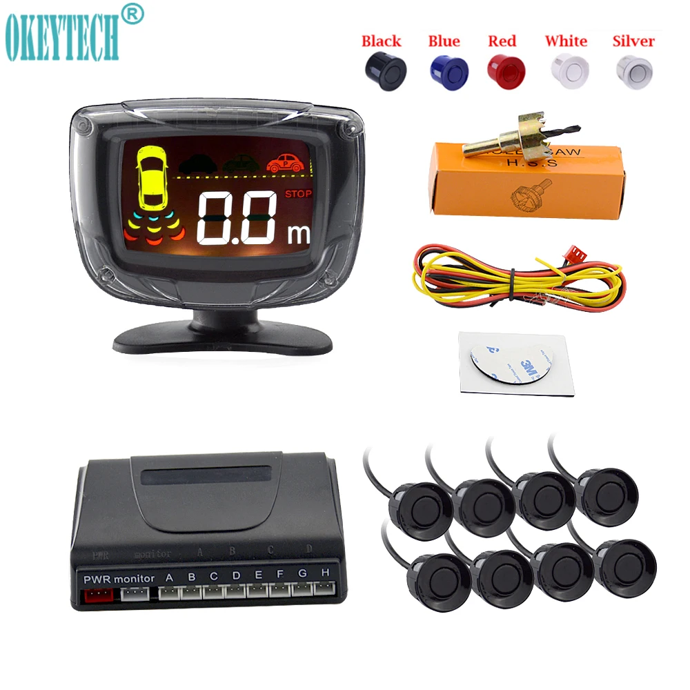 OkeyTech New Styling 8 Sensors 22mm Car LCD Display Parking Sensor Monitor Kit Auto Reverse Backup Radar Assistance Buzzer Alarm