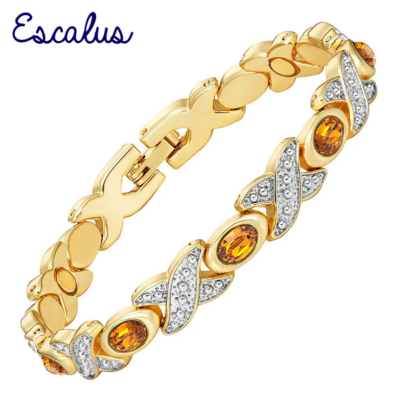 

Escalus 2018 Hot Trendy Magnetic Bracelet For Women 2-Tone Color Orange Cateye Stones Charm Bracelets Jewelry Gift Wristband