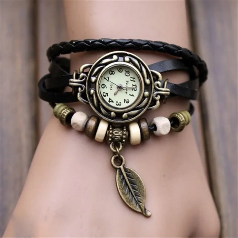 Women's watches brand luxury fashion ladies watch Weave Wrap leather band Leaf Beads Quartz Wrist Watches clock Bracelet M18#N (10)