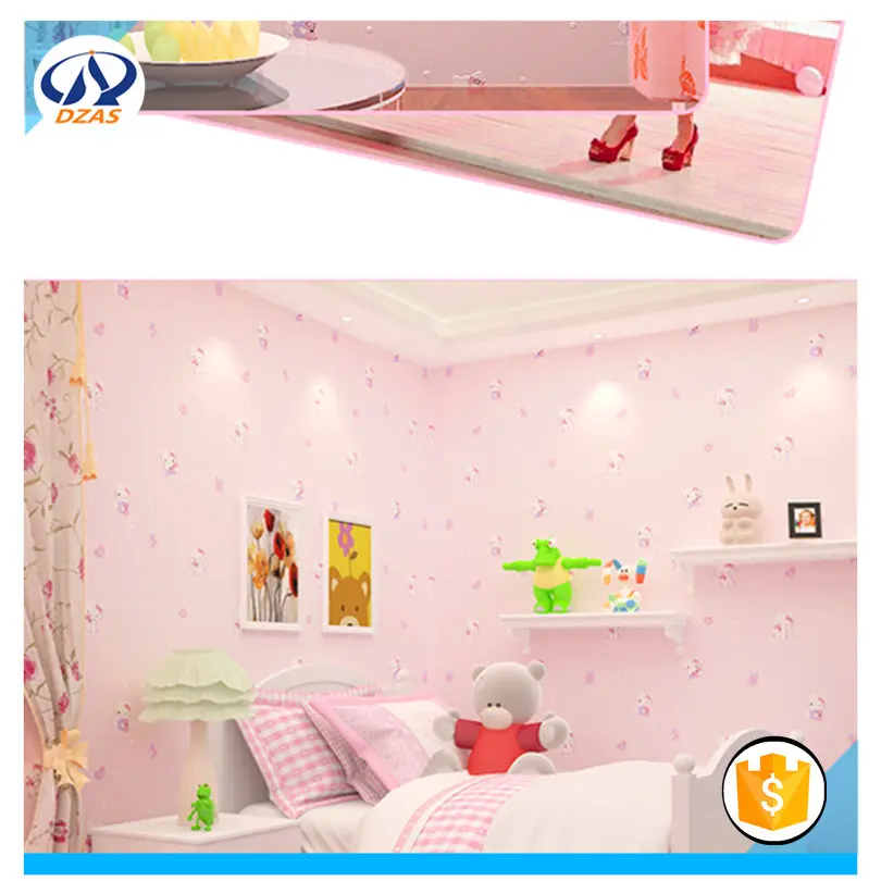 2018 Green cute cartoon cat Non-woven pink girl princess Bedroom Wallpaper02