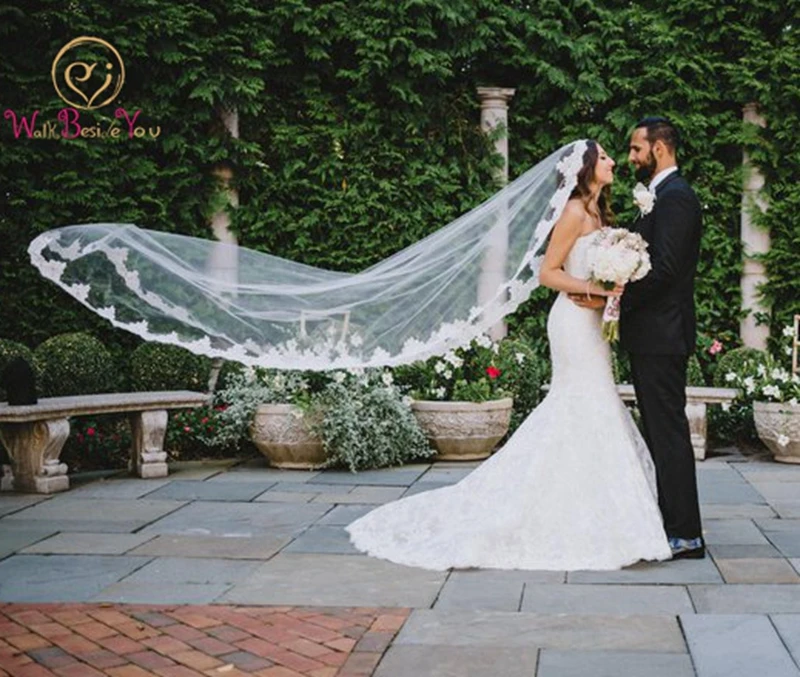 

White Wedding Veil Tulle Appliques Edge One-layer Cathedral Length Long Custom Made Bridal Veil