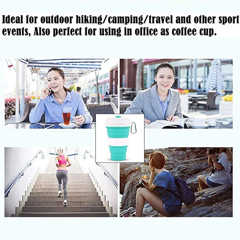 Portátil plegable taza de silicona plegable Camping taza con tapas taza de agua potable botella de Camping al aire libre senderismo