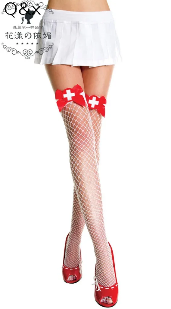 

YQ65 Sexy White Nurse Maid Fantasy Opaque Role Play Thigh-High Stockings with Red Bow Top Erotic Game Lingerie Cosplay Costume