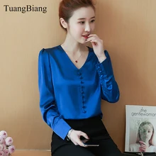 Blue V-Neck Sexy Chiffon Shirts Button Satin Shirts Casual Female Simple Blouse Korean version Long Sleeve Loose Femme Tops 2018