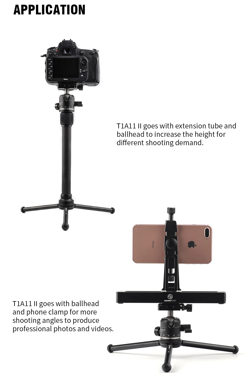 SUNWAYFOTO T1A11 II Профессиональный мини планшет Настольный штатив подставка для мини камеры тренога для смартфонов DLSR с креплением аксессуары