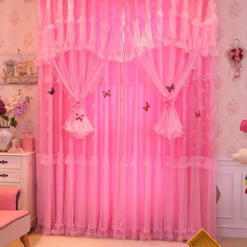 Подгоняемые Свадебные шторы фиолетовые розовые кружевные цветы двухслойные тюлевые шторы для девочек принцесса спальня декор для гостиной