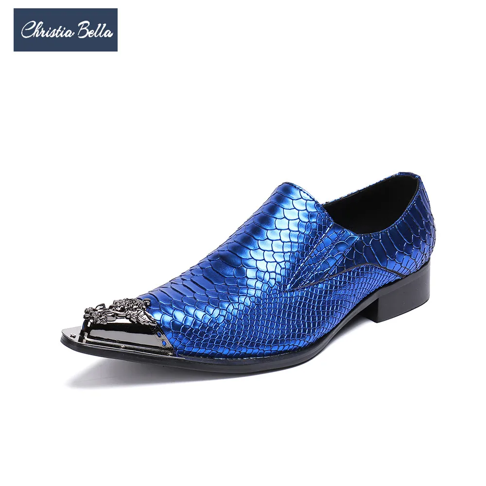 Christia Bella New Fashion Blue Men Genuine Leather Shoes Snake Pattern Wedding Dress Slip on Party Formal Big Size | Обувь