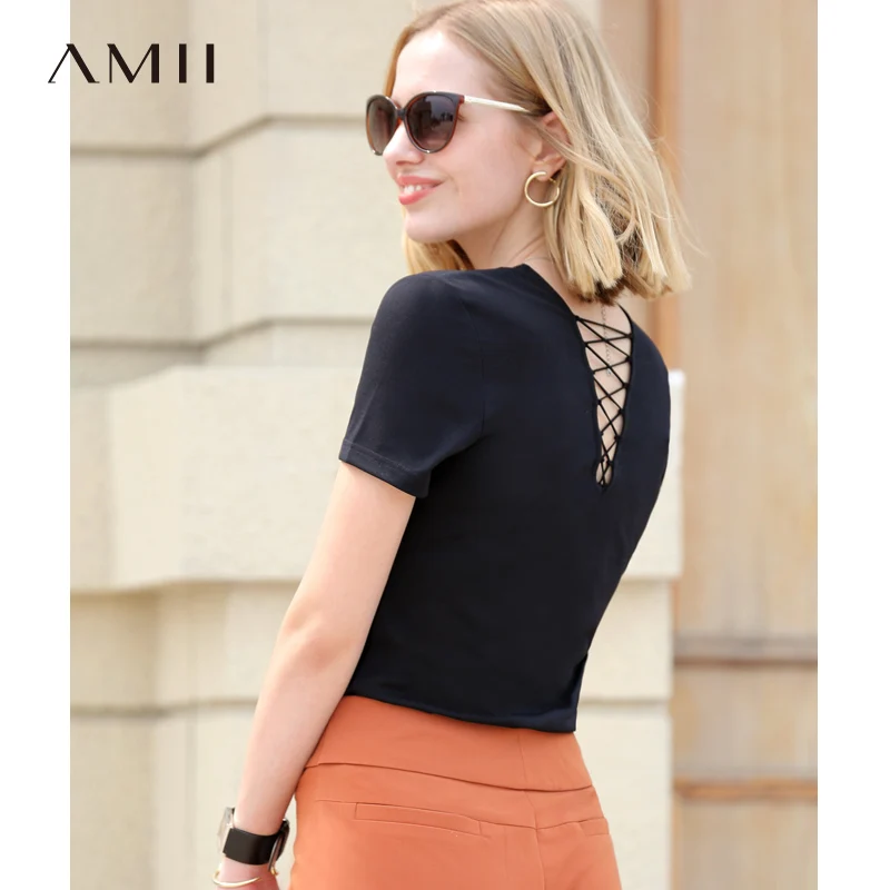 

Amii Women Minimalist 2019 Summer T-Shirt V Neck Cross Straps Female Tee Tops