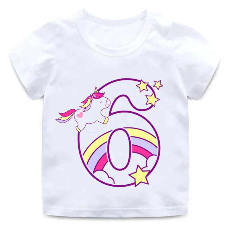 Футболка для мальчиков и девочек с принтом в виде единорога на день рождения, номер 1-9, с бантом, забавная футболка с рисунком для малышей, детская одежда на день рождения, HKP5238 - Цвет: whiteF