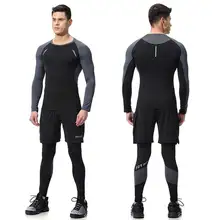 2 Pieces Men GYM Compress Fitness Sets Long Tee Top + Legging + Shorts Workout Exercise Sport Shirts Running Tights A339