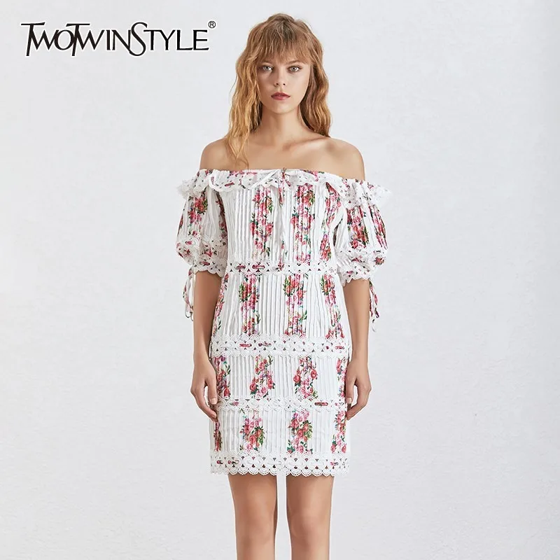 

TWOTWINSTYLE Print Dress For Women Slash Neck Lantern Sleeve High Waist Hollow Out Mini Short Dresses Female 2019 Summer