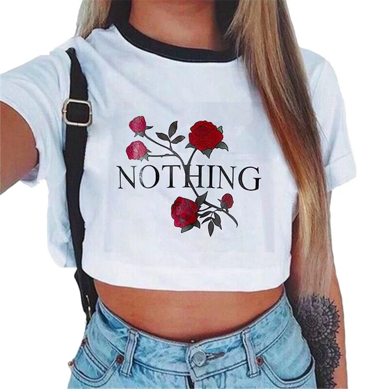 

Laamei 2019 New Fashion Summer Short Sleeved Rose Print Blusa Feminine Blusa Sexy Dew Waist Shirt O-neck Casual T-shirt Chic