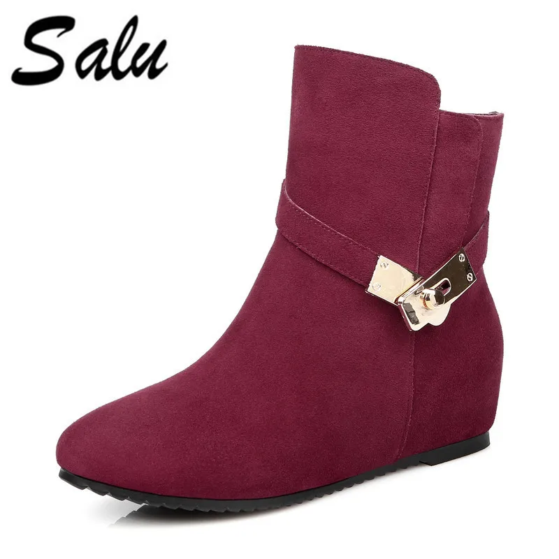 Para rojo Negro Moda Tacón Lana Cuero Salu Cuñas De Invierno Piel Bordes Negro Zapatos Sólidos 5OZW6Uq6v