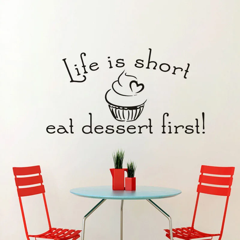 

Eat Dessert English Proverbs Wall Stickers Cartoon Cake Pattern Wall Decals For Dessert Shop Bakery Kitchen Home Decor DC8217
