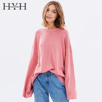 

HHY Haoyihui 2019 Leisure College Style Solid Color O-Neck Long Sleeve Coral Red New Fashion Classic Comfortable Loose Sweater