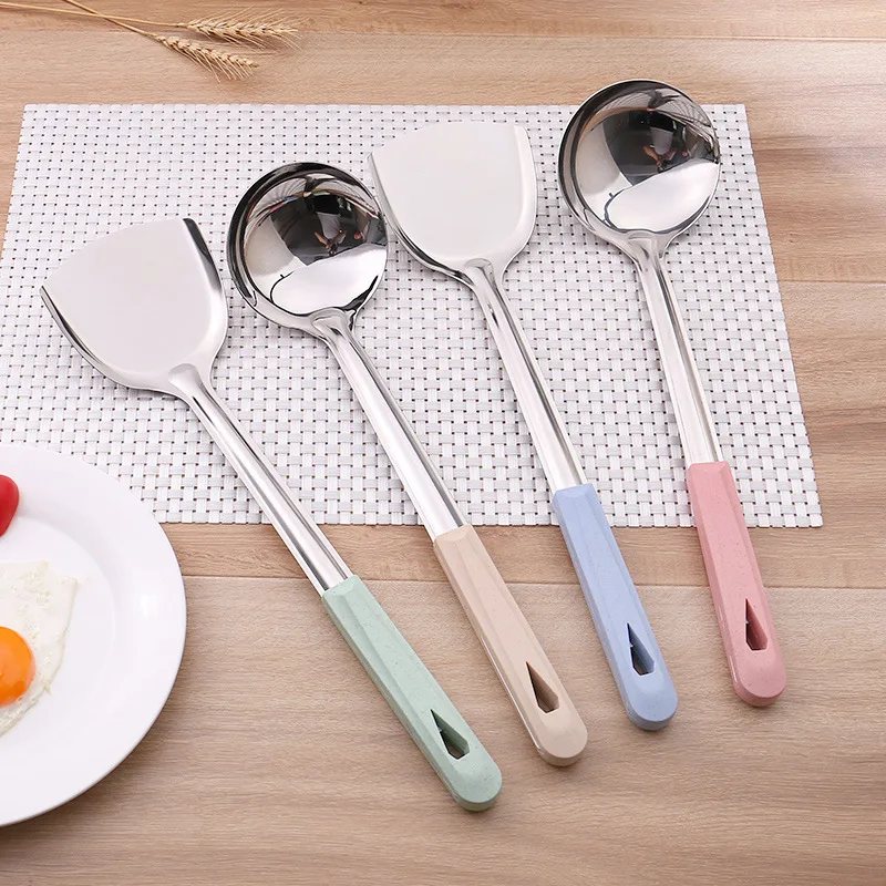 

Stainless Steel Turners Spatula Scoop Wheat Straw Handle Shovel Spoon Hangable Cooking Tools Chinese Kitchen Untesils 1PC