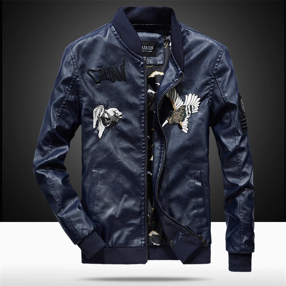 Весенне-осенняя куртка из искусственной кожи, мужская приталенная куртка с вышивкой, куртки с воротником-стойкой, одноцветная повседневная кожаная куртка WN43