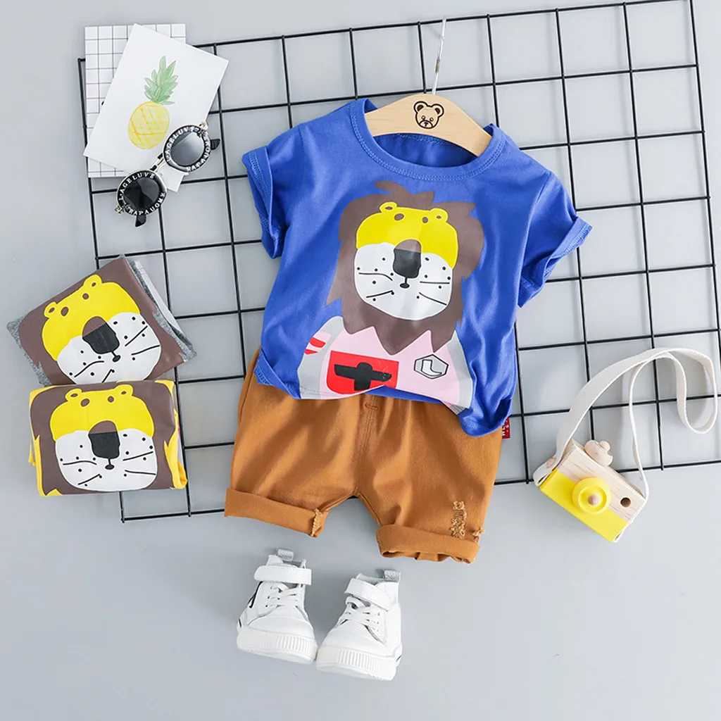 Топы для маленьких мальчиков с рисунком льва; футболка; однотонные шорты; повседневная одежда; roupas infantil jongens kleding; Одежда для мальчиков