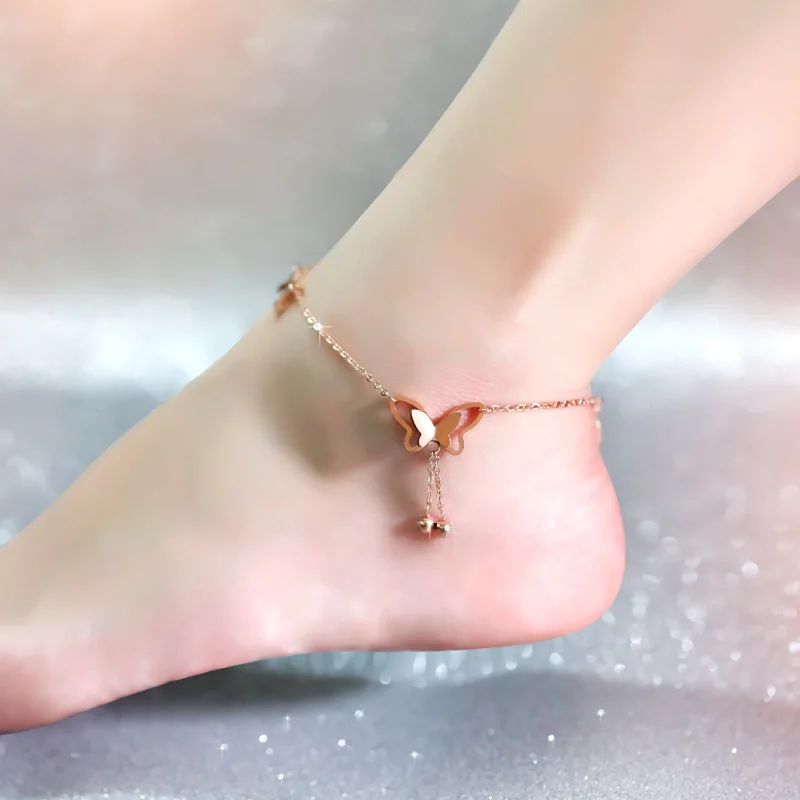 Top Quality 18KGP Rose Gold Plated Titanium Steel Butterfly Anklet Women s Fashion Brand Jewelry Free