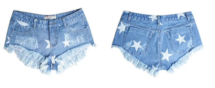2019 новый летний Стиль Женские джинсы с заниженной талией шорты для женщин бахромой звезды печати джинсовые короткие модные синие