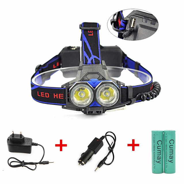

5000LM 2*XML-T6 LED18650 AA AAA Headlamp Headlight Bicycle Head Lamp Light Flashlight Torch + 2x18650 battery + Car AC Charger