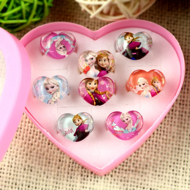 

Box for 8Pcs Girl gift Cartoon toy Rings Wholesale Jewellery Mix Lots Lovely kinds Princess Anna Pretty Ring Party Supplies