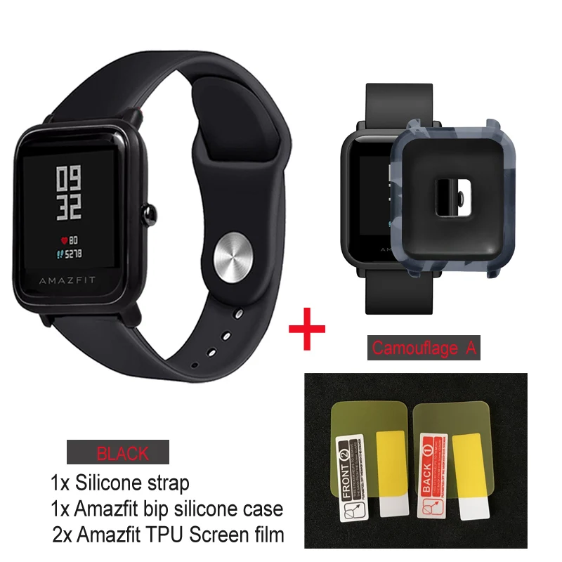 4в1/упаковка силиконовый мягкий ремешок для Xiaomi Huami Amazfit Bip BIT Молодежные часы браслет резиновый Amazfit bip чехол Крышка - Цвет: black strap-A Case