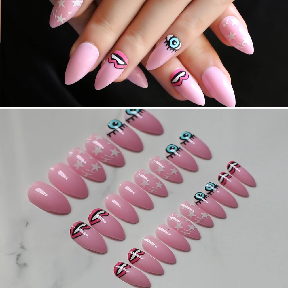 

Pink cheese cute pattern Cookies fake nails Stiletto Mouth Eyes Pattern false nail Girl decorative arts press on with Stickers