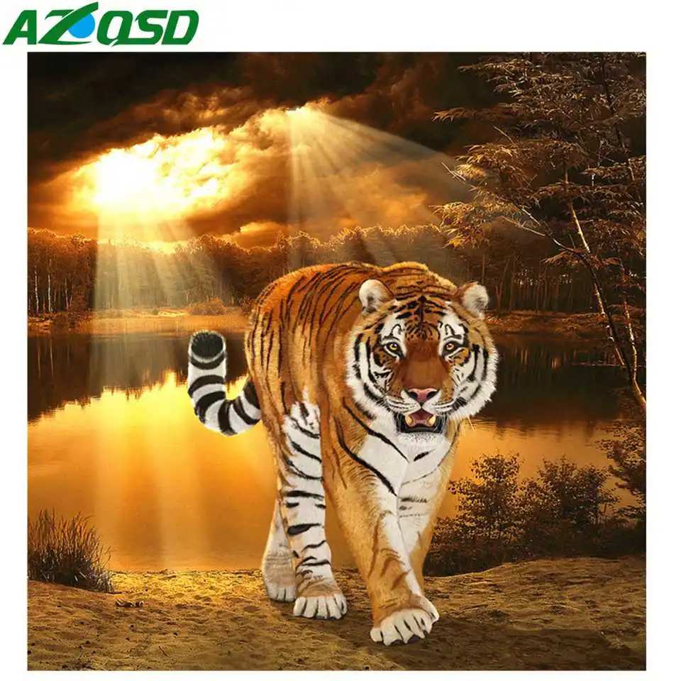 

AZQSD DIY Diamond Painting Tiger Cross Stitch Diamond Mosaic Full Layout Needlework Picture Of Rhinestones Gift Home Decoration