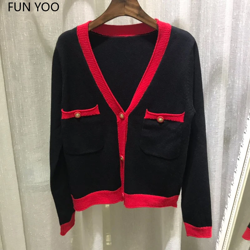 

2019 Female Autumn Cardigans Single Breasted Pockets Full Sleeves V-Neck Knitted Free Shipping High Street Fashion Patchwork