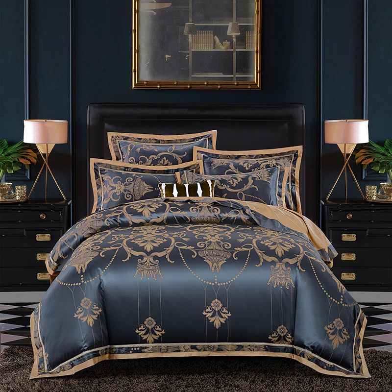 Online 2019 nuevo juego de edredón de seda de lujo de Jacquard 4 6 Uds juego de cama tamaño king Ultra suave de algodón sábana de lino conjunto de funda de almohada